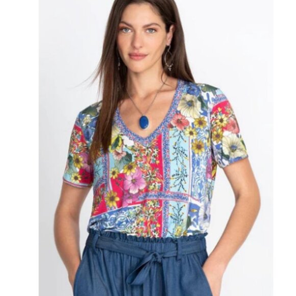 Johnny Was Multicolor Floral Patchwork Short Sleeve Tee - Picture 2 of 9